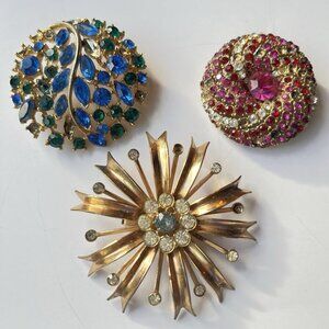 Vtg Signed Brooch Lot Lisner ART Jordan Blue Green Pink Rhinestone Craft READ